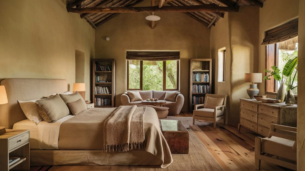 A primary bedroom with earthy, natural colors, exuding comfort and style