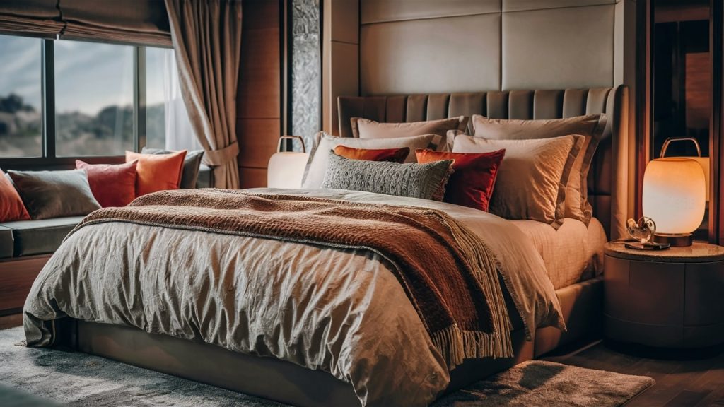 A primary bedroom with soft, layered bedding, exuding comfort and style.