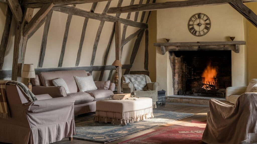 A charming French country-inspired living room with a small decorative wall clock with Roman numerals.