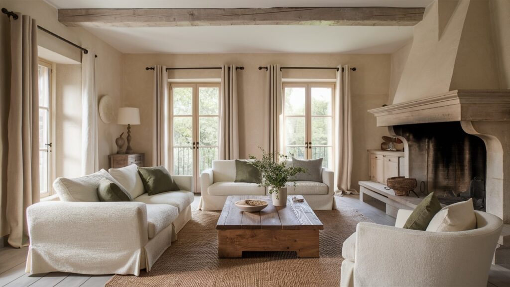 A charming French country-inspired contemporary living room with soft linen curtains.