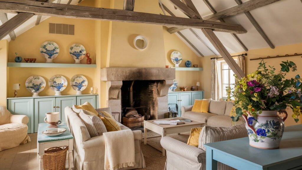 A charming French country-inspired living room with decorations like hand-painted ceramics.