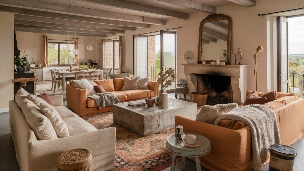 A charming French country-inspired contemporary living room with comfy sofas