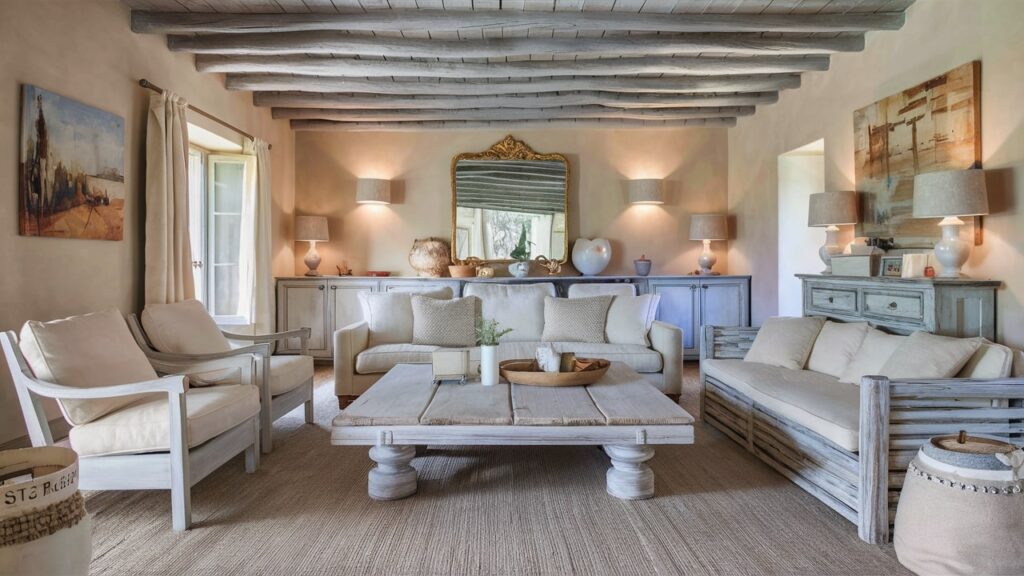 A charming French country-inspired contemporary living room with weathered wooden furniture