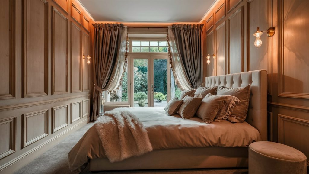 A primary bedroom with wall paneling, exuding comfort and style.