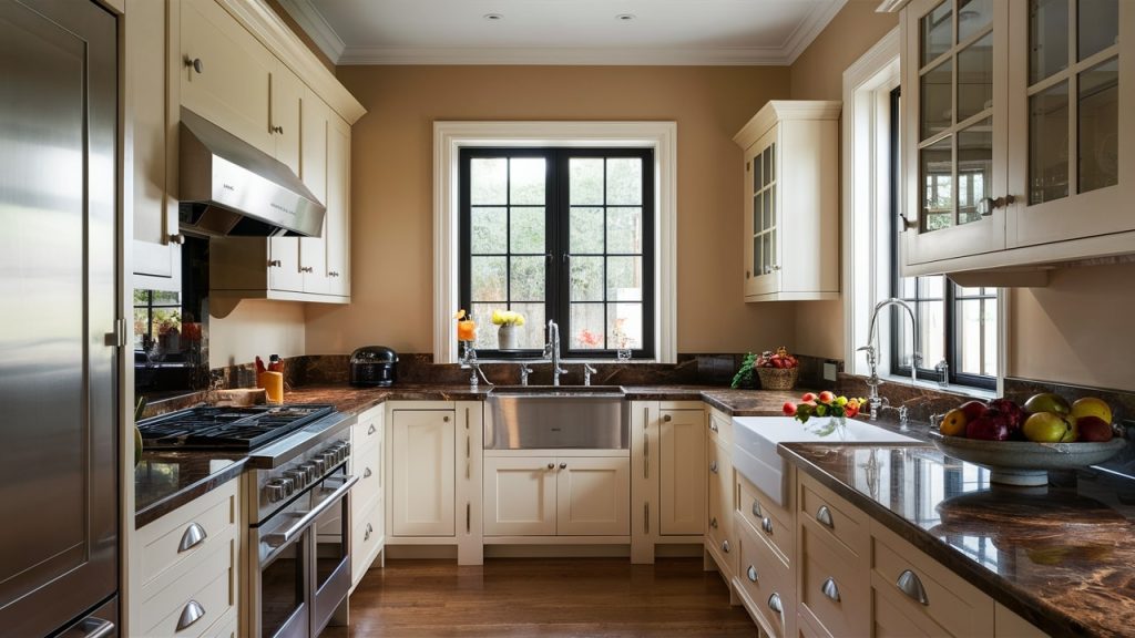 A contemporary kitchen with classic white cabinets and warm beige painted walls.
