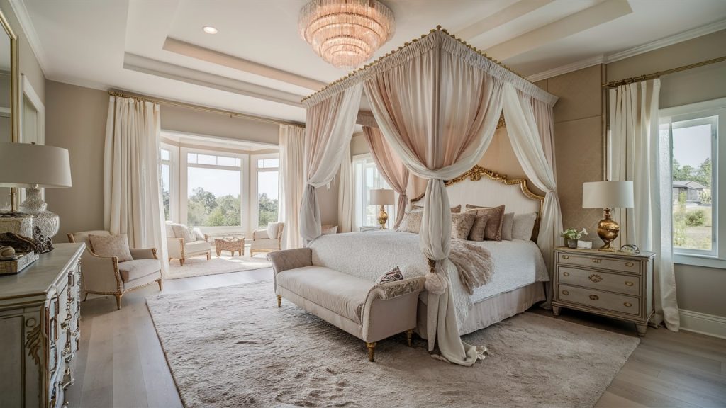 A primary bedroom with a canopy bed, exuding comfort and style.