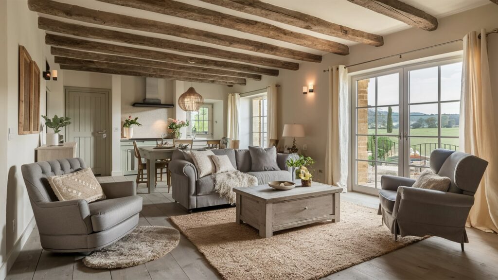 A charming French country-inspired contemporary living room with rustic wood beams on the ceiling