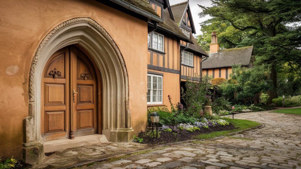 Tudor house with arched curved wooden door