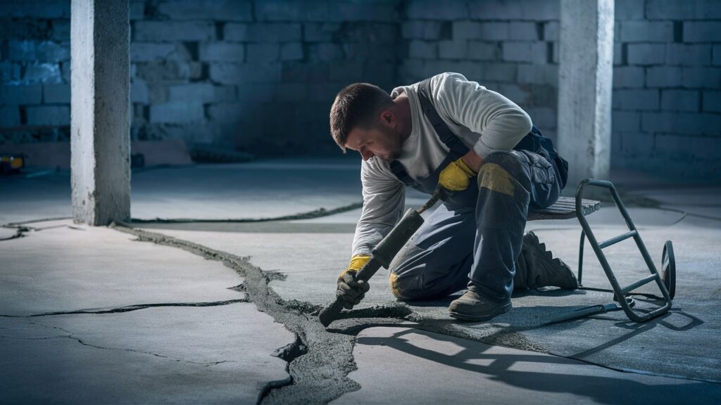 Worker using hydraulic cement for sealing cracks in the basement floor.