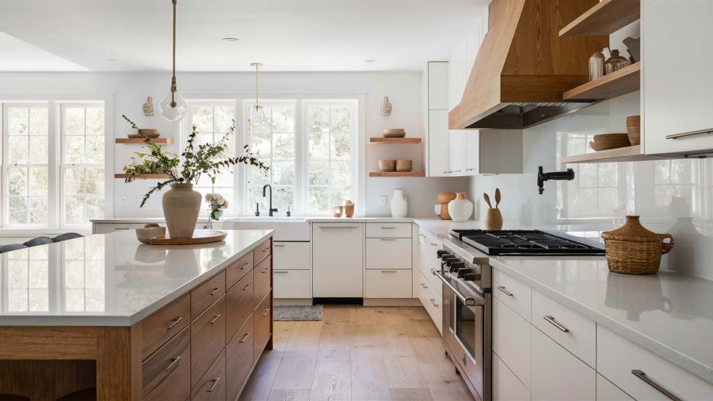 Crisp White Kitchen Cabinets with Warm Wood Accents