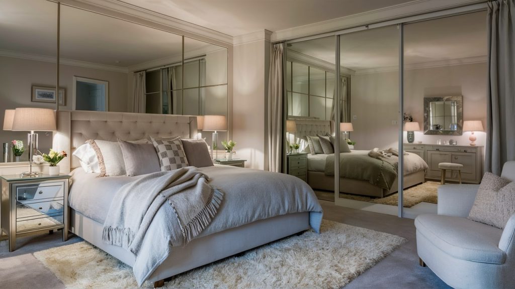 A primary bedroom with mirrors to add space, exuding comfort and style.