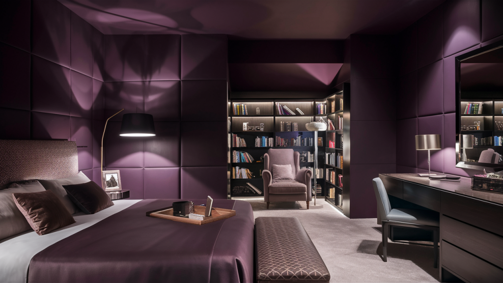 deep purple bedroom with modern furniture