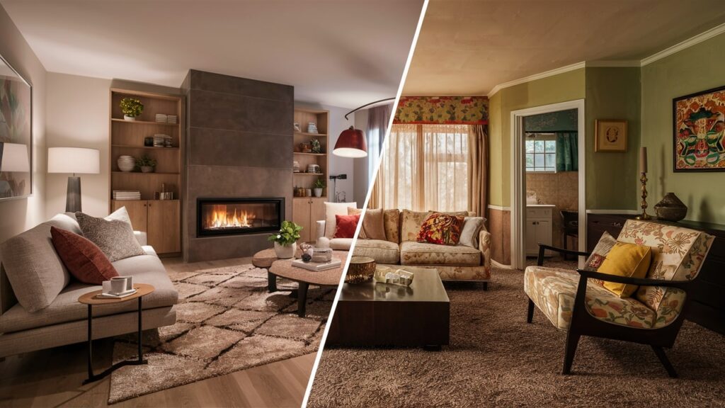 Two different living rooms with two different styles: one trendy and the other, outdated.
