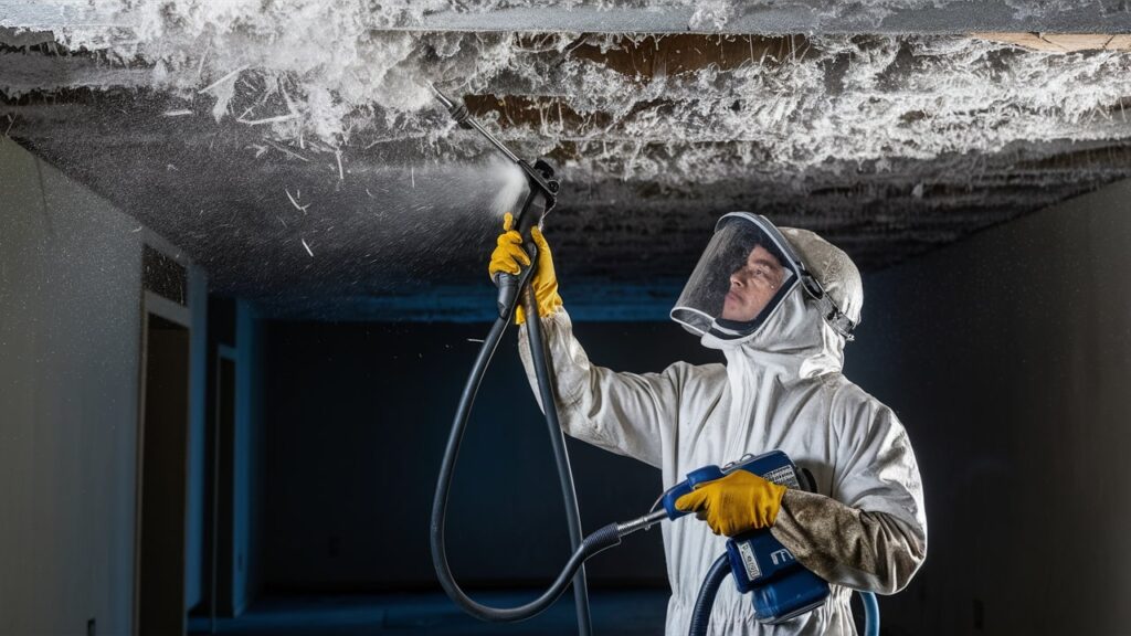 A worker in a hazmat suit, removing asbestos from a ceiling.