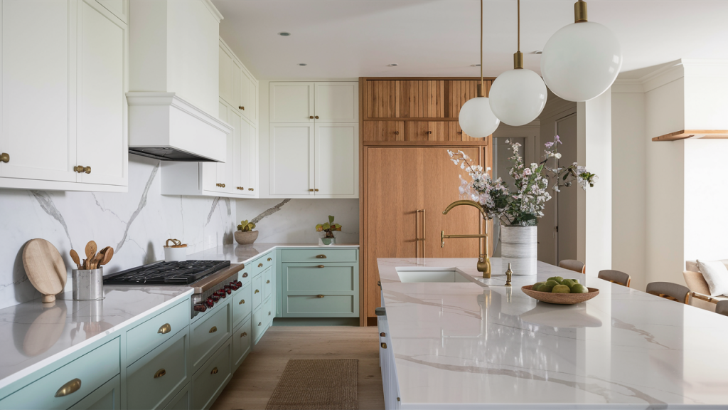 Two-Tone White and Pastel for a Soft Contemporary Kitchen Look
