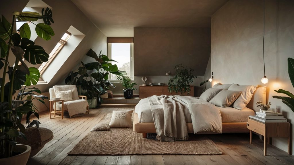 A primary bedroom with natural elements, exuding comfort and style.