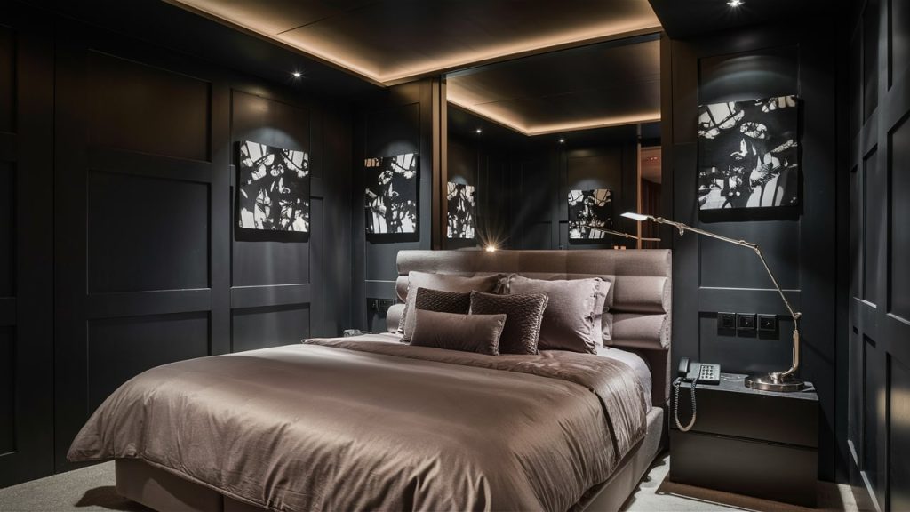 A primary bedroom with dark bedroom walls, exuding comfort and style.