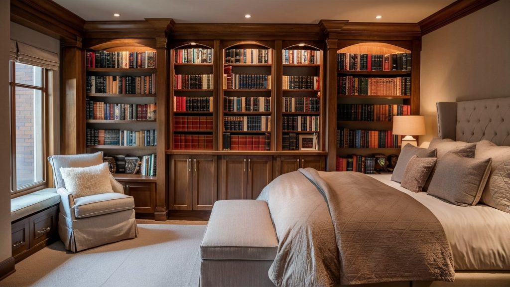 A primary bedroom with a built-in bedroom library, exuding comfort and style.