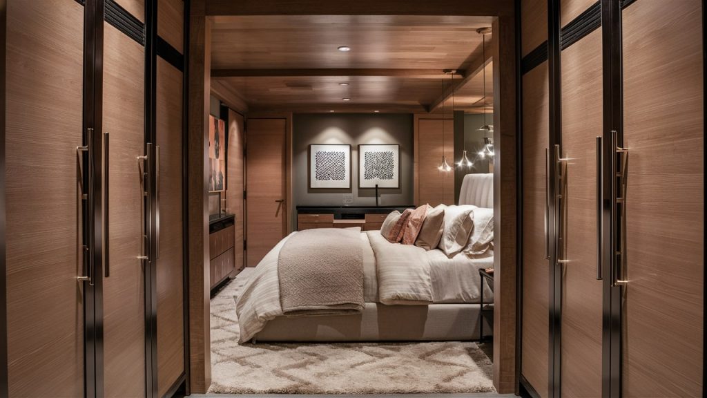 A primary bedroom with custom closet doors, exuding comfort and style.