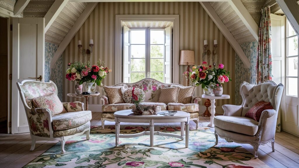 A French country-style living room with large floral arrangements.