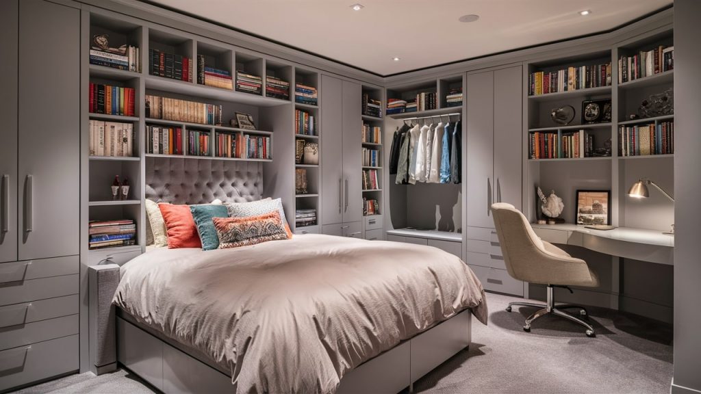 A primary bedroom with multi-purpose furniture, exuding comfort and style.