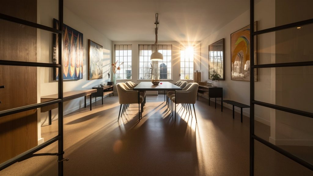 Dining room with linoleum flooring.