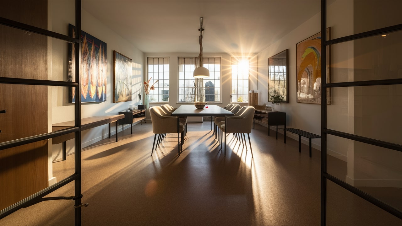 Dining room with linoleum flooring.