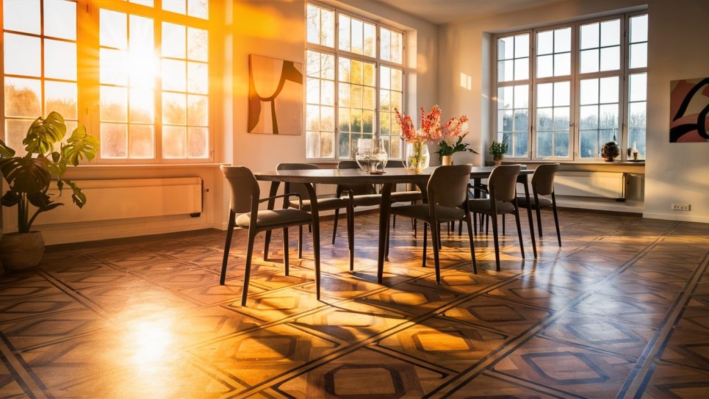 Linoleum flooring in a sun-lit dining room.