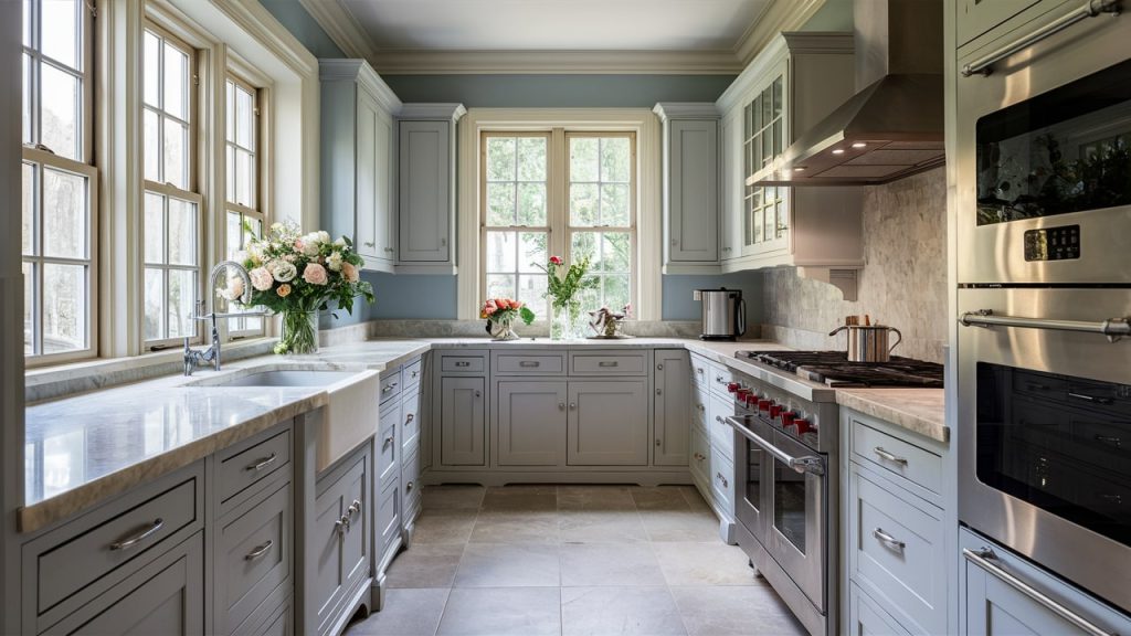 A contemporary kitchen with classic white cabinets and light blue-painted walls