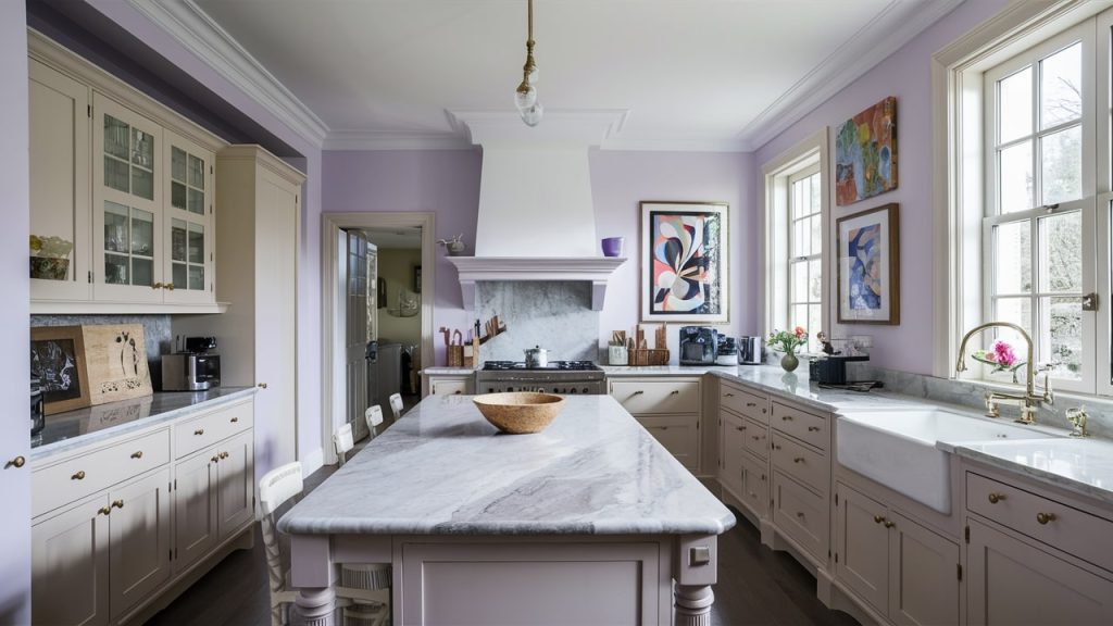 A contemporary kitchen with classic white cabinets and Light Lavender painted walls.