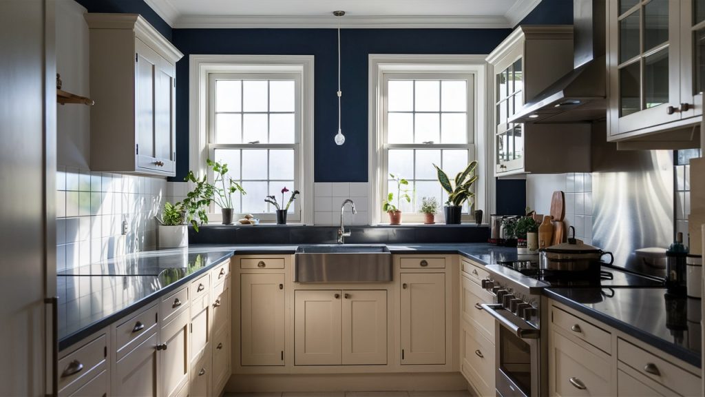 A contemporary kitchen with classic white cabinets and Navy Blue painted walls.