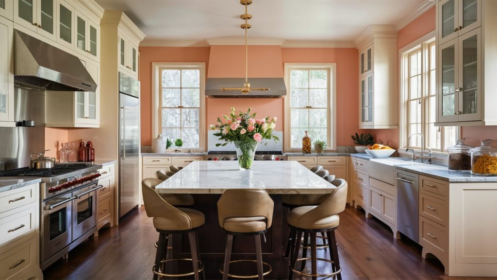 A contemporary kitchen with classic white cabinets and Soft Peach painted walls.