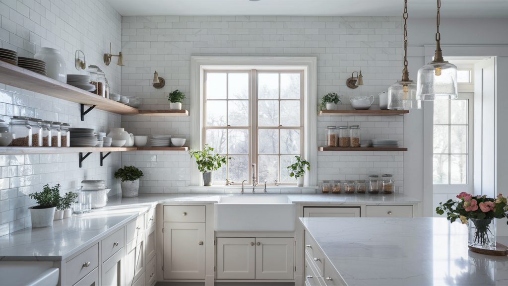 Bright White Kitchen with Open Shelving for Airiness