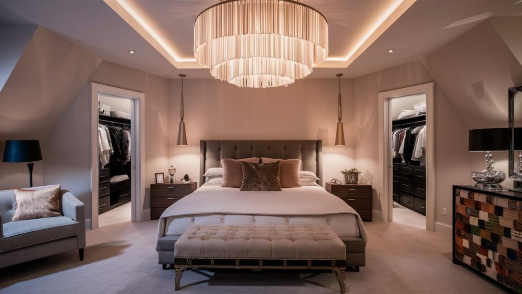 A primary bedroom with statement lighting, exuding comfort and style.