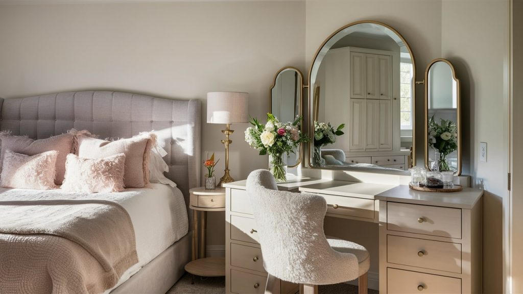 A primary bedroom with a vanity area, exuding comfort and style.