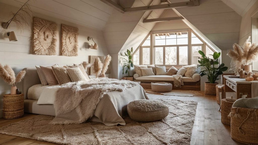 A primary bedroom with natural elements.