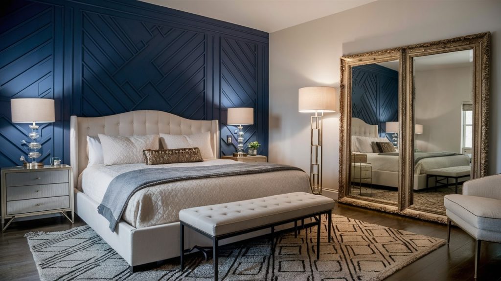 A primary bedroom with a bold accent wall, exuding comfort and style.
