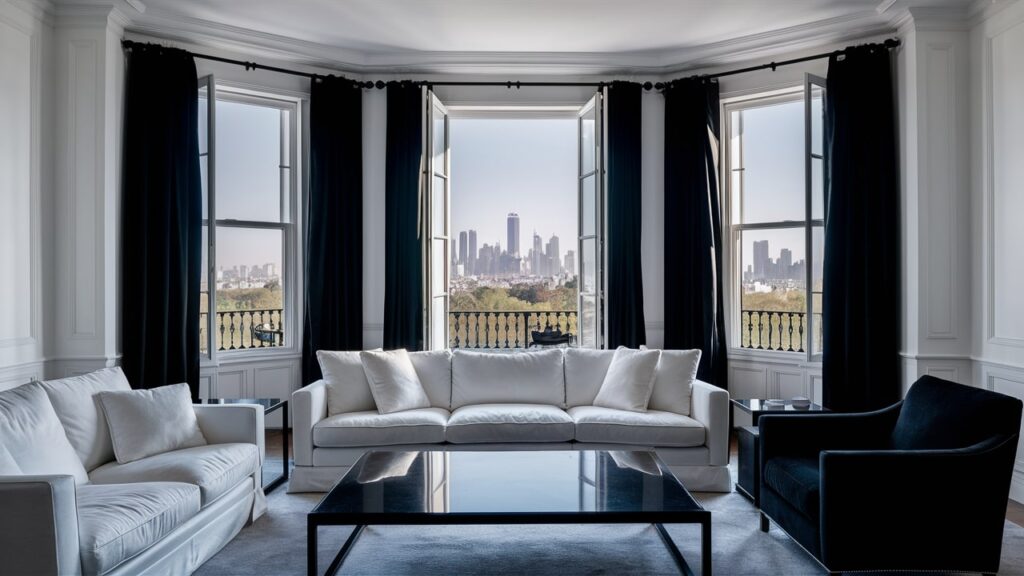 A white living room with black curtains.