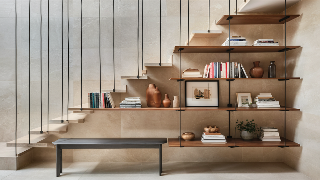 staircase landing floating shelves