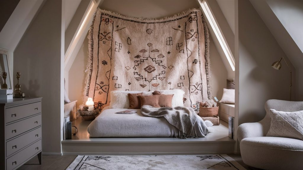 A primary bedroom with a large, stylish rug on the wall, exuding comfort and style.