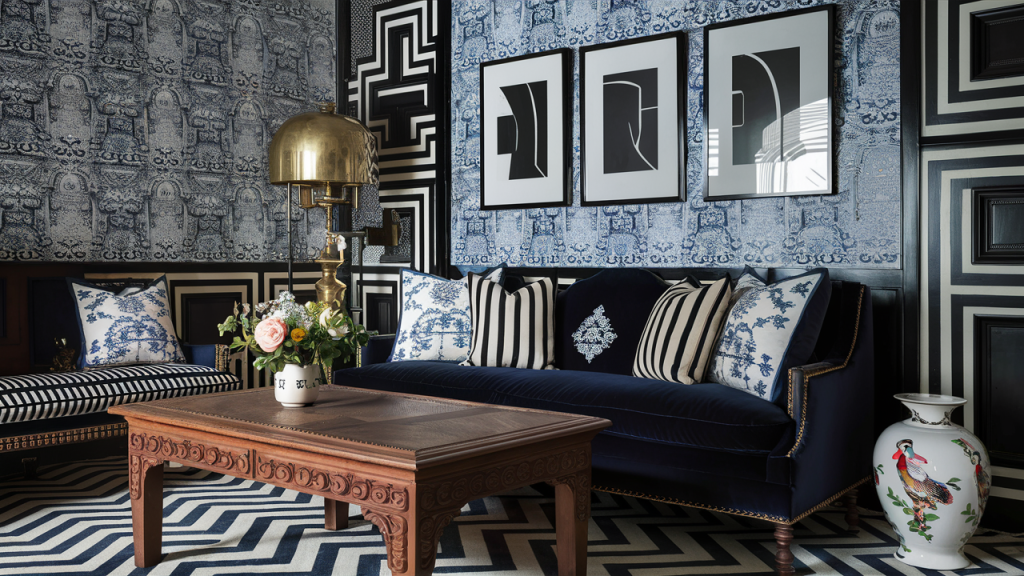 Chinoiserie with Graphic Black-and-White Prints