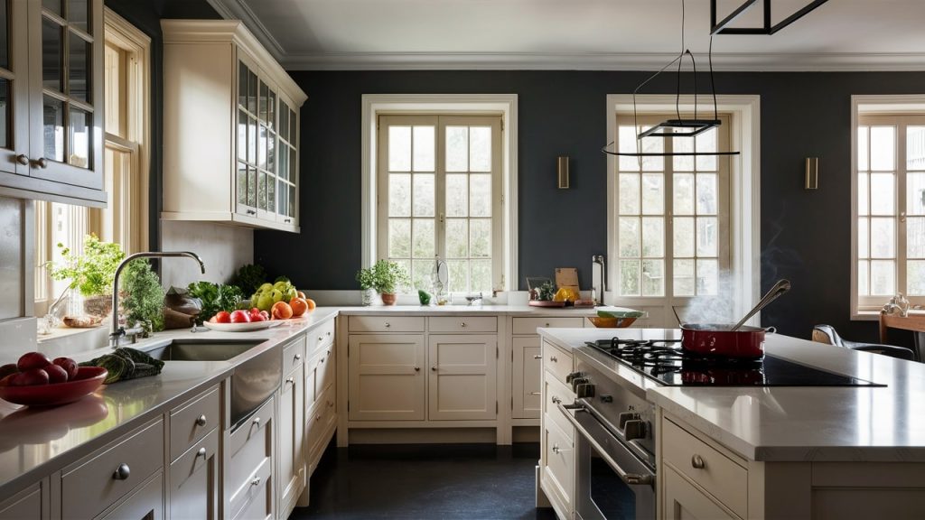 A contemporary kitchen with classic white cabinets and Charcoal Gray painted walls.