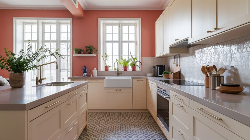 A contemporary kitchen with classic white cabinets and Pale Coral painted walls.