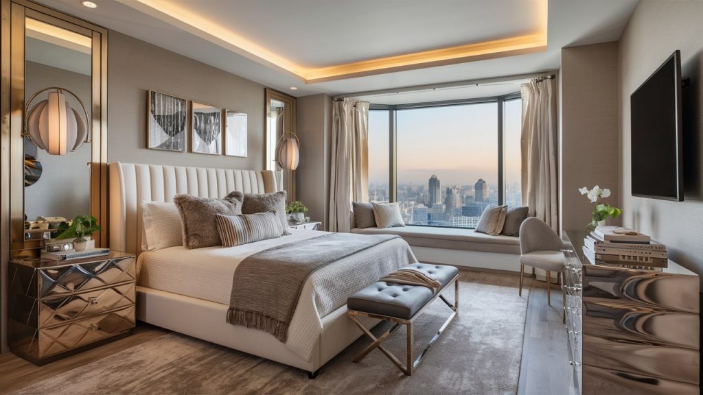 A primary bedroom with with metallic accents, exuding comfort, style and a touch of glam.