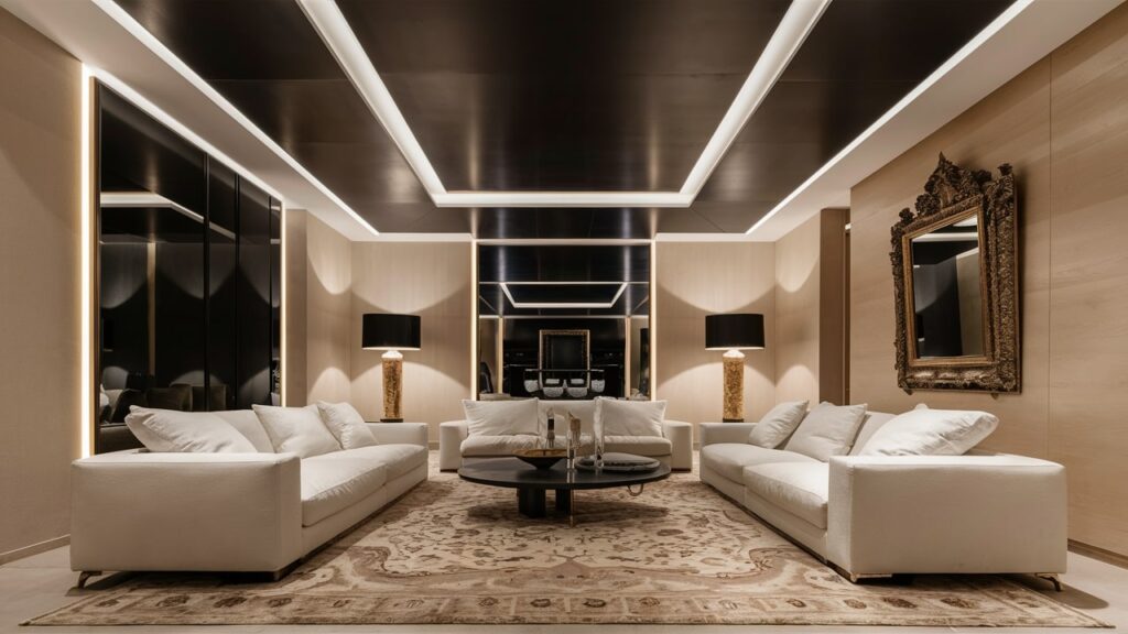 A luxurious living room with a black ceiling.