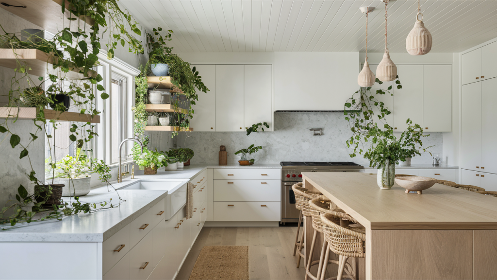 Monochrome White Kitchen with Pops of Greenery