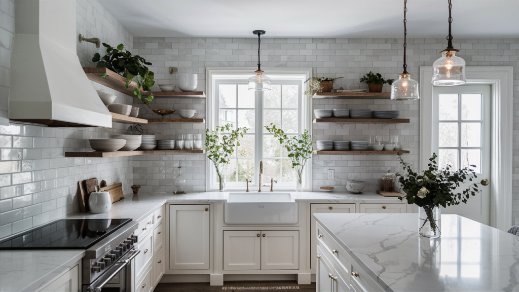 Bright White Kitchen with Open Shelving for Airiness
