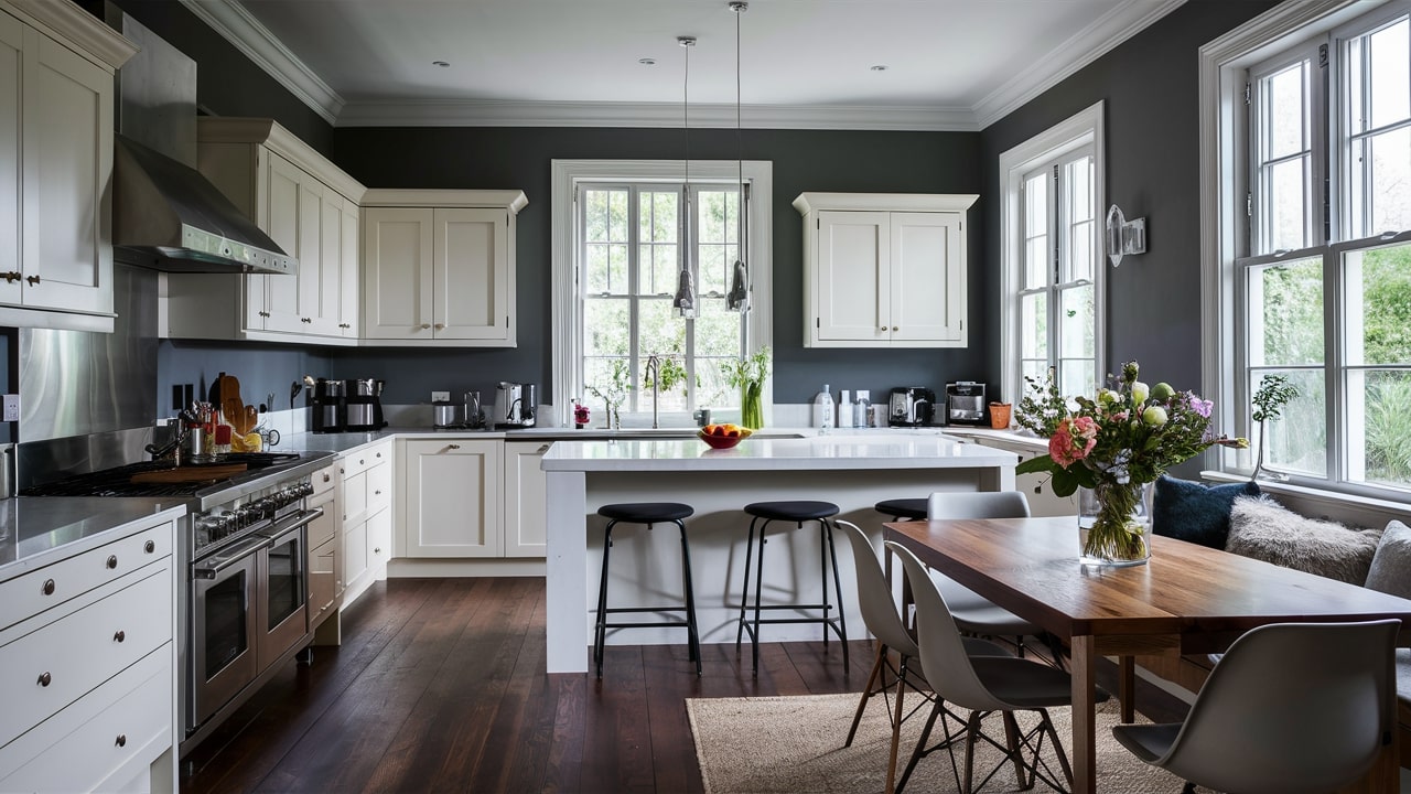 A contemporary kitchen with classic white cabinets and charcoal painted walls.