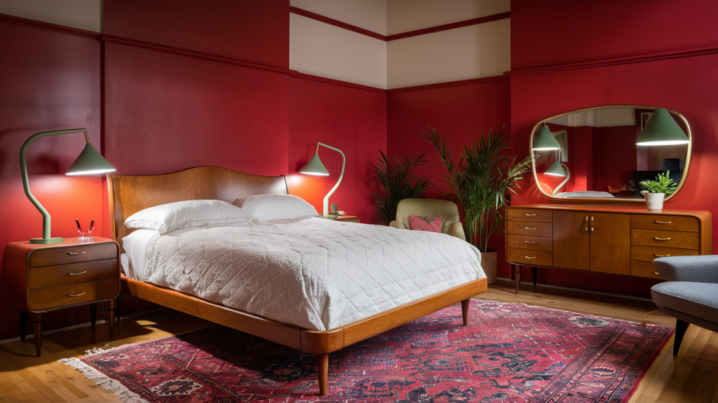 bedroom with bold red walls and midcentury modern furniture