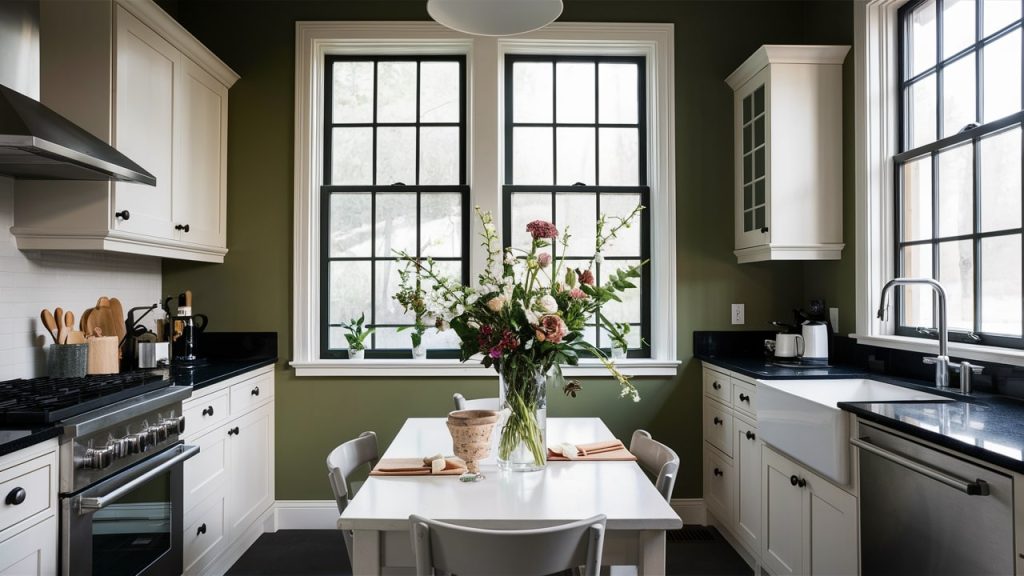 A contemporary kitchen with classic white cabinets and Olive Green painted walls.